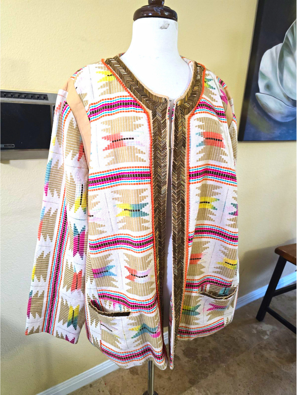 Sharif Couture Women's 3X Beaded Southwest Aztec Hook & Eye Jacket Blazer Coat
